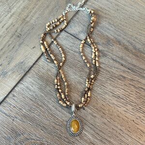 Vintage Avon Necklace Wooden Beaded Multi Strand Tigers Eye Pendant Jewelry